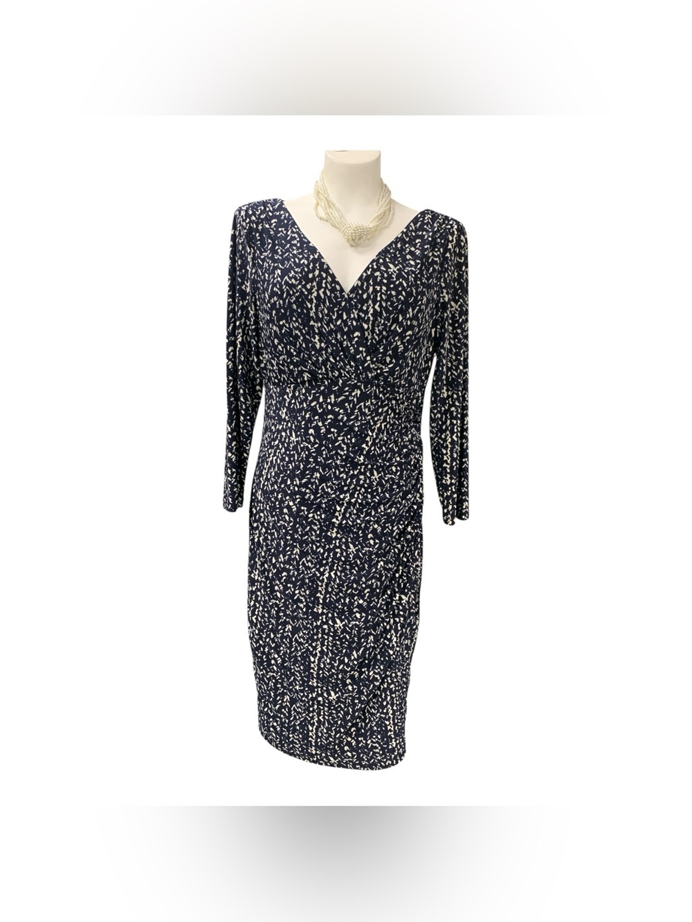 Ralph Lauren Navy & Ivory V-Neck Long Sleeve Sheath Dress Size L